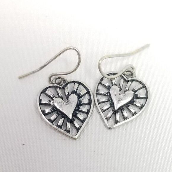 Vintage Silver Tone Dangle Heart Earrings, Radiant Puffy Design, Estate - Picture 2 of 6